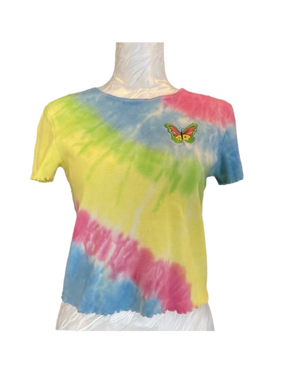 Vintage Y2K Pink Blue Rainbow Tie Dye Butterfly Embroidered Baby T shirt Sz